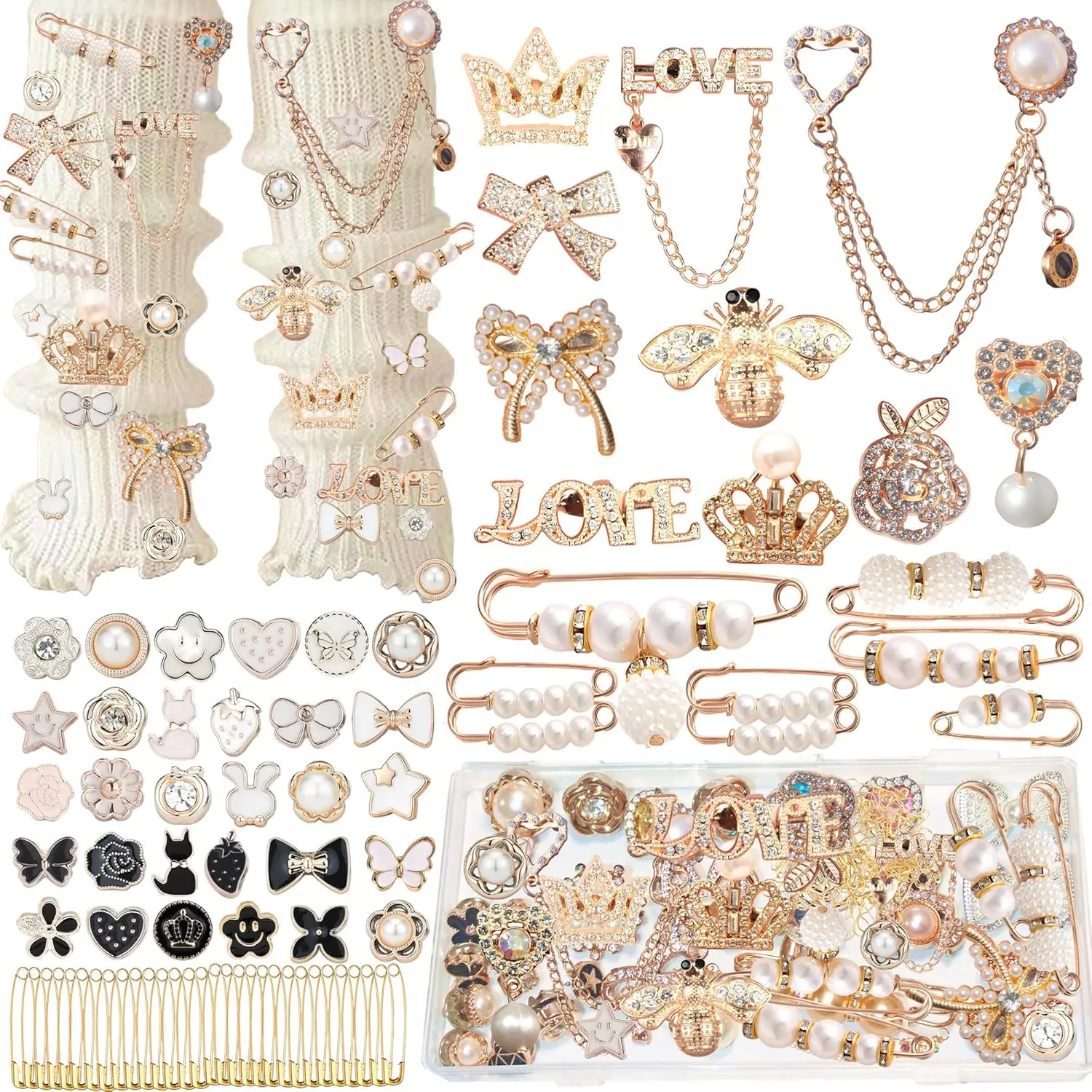 Junk Sock Charms Kit, Brooches and Pins for Women, Bag Charms Safety Pins | 72 count  Shoe Charms for Sneakers,Pins for Bags,Hat Pins, and Rhinestone Junk Charms with Safety Pins,DIY Accessories