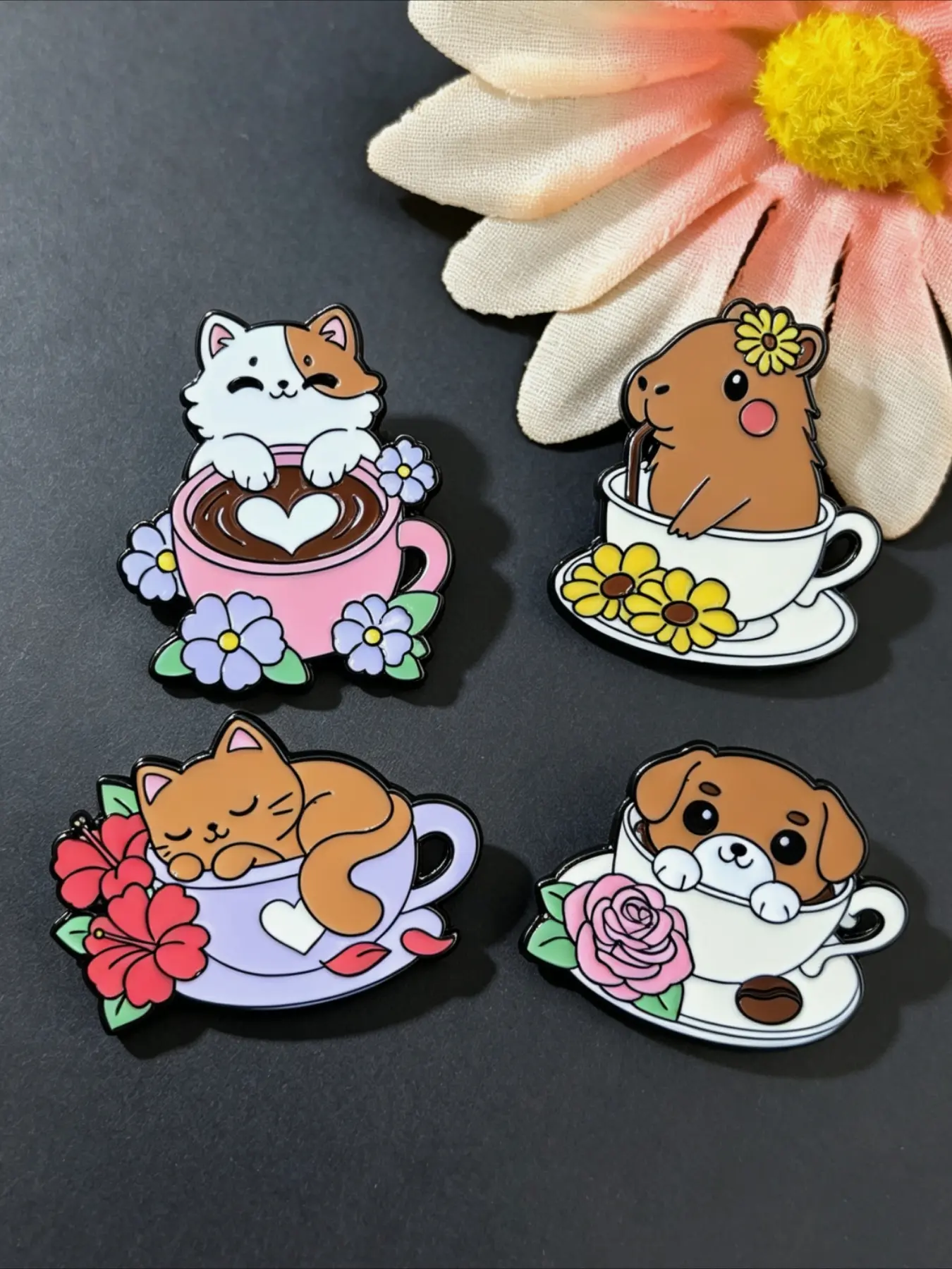 4Pcs Cute Animal in Teacup Enamel Pin Set, Cartoon Capybara Cat Dog in Coffee Cup with Flower Lapel Badge for Backpack Jacket, Gift for Animal & Coffee Lovers