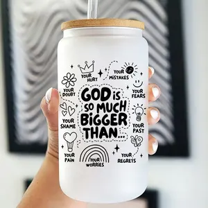 16oz Faith Glass Tumbler – “God is Much Bigger Than” Christian Glass Can with Lid & Straw – Funny Coffee Mug, Tea Glass Cup & Juice Cup – Great Birthday Gifts or Christmas Gift for Believers
