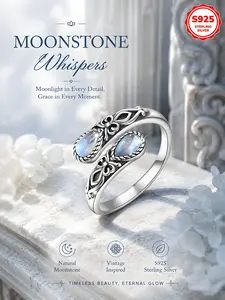 Women's S925 Silver Moonstone Ring, Fashion Rings, Bohemian Style Open Spoon Shape, Casual All-Season Jewelry, Perfect Gift for Friends and Loved Ones