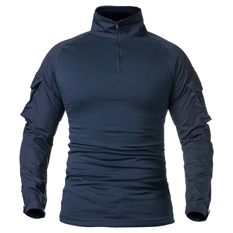Men's Long Sleeve Ripstop Cotton Tactical Combat Shirt | 1/4 Zipper | Navy Blue Camo | Perfect for Airsoft & Outdoor Adventures