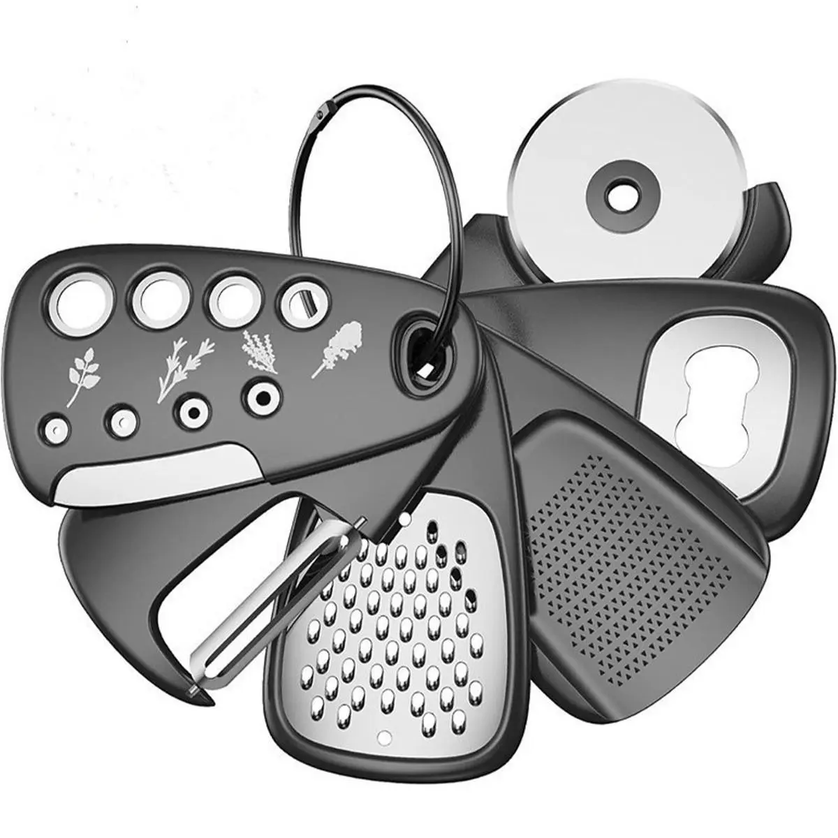 6-In-1 Multi-Functional Kitchen Tool Set, Herbs Peeler, Pizza Cutter, Grater, Peelers & Opener, Compact Home Kitchen Tools