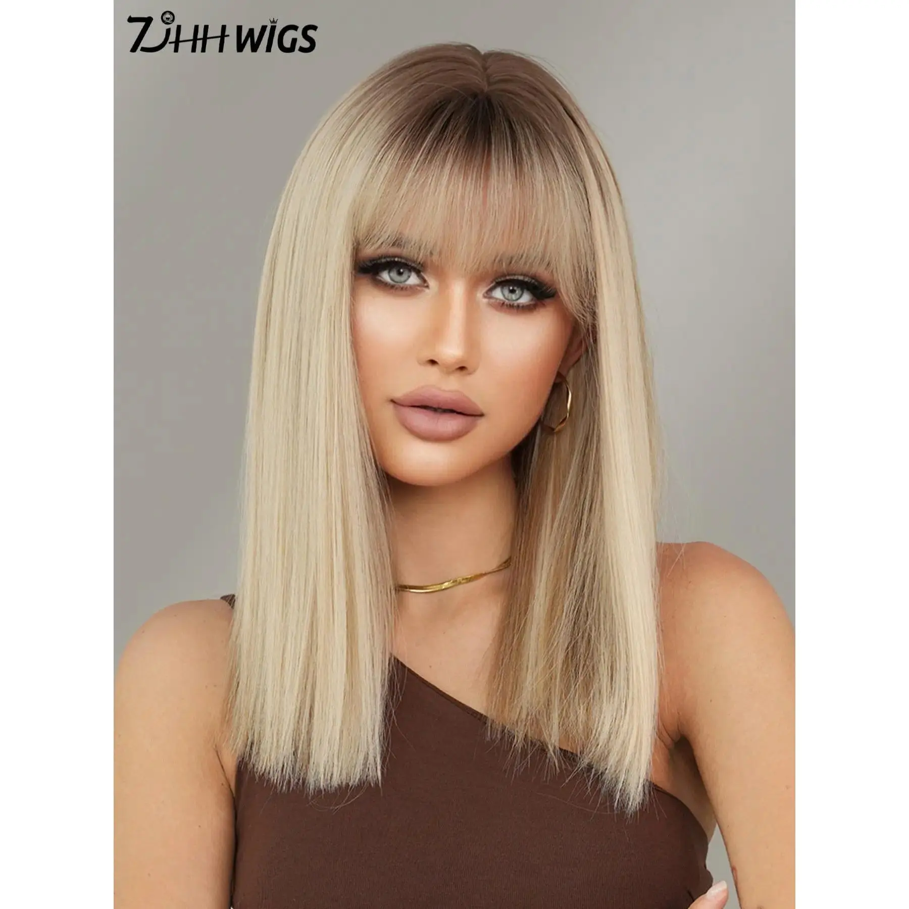 18 Inch Long Straight Rooted Color Hair Wig for Women, Gorgeous Fluffy Wigs with Blunt Bangs, Synthetic Full Machine Wigs for Party, Daily Use
