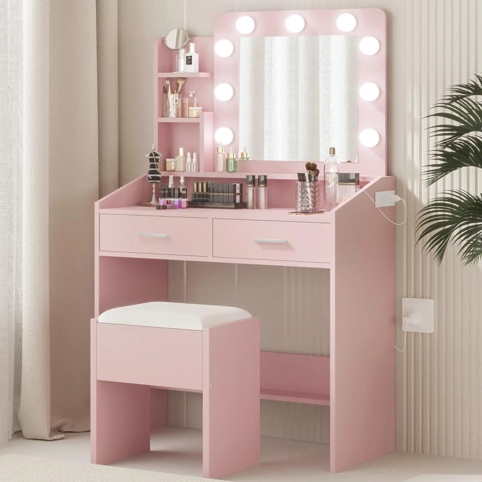 Modern Marble White Vanity Desk with 3 Modes Adjustable LED Lights, Multi-Drawer Storage Makeup Table Equipped with Power Strip & Hair Dryer Rack, Complete Vanity Set with Soft Stool