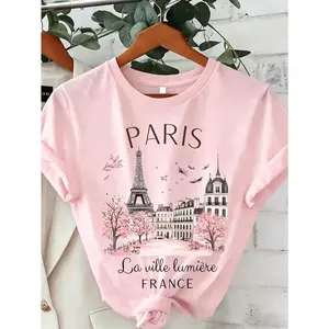 Women's Light Pink Summer Casual Graphic Vacation T-Shirt,Lemon And Letter Printed Short Sleeved Top,Soft Breathable Slightly Elastic Regular Fit