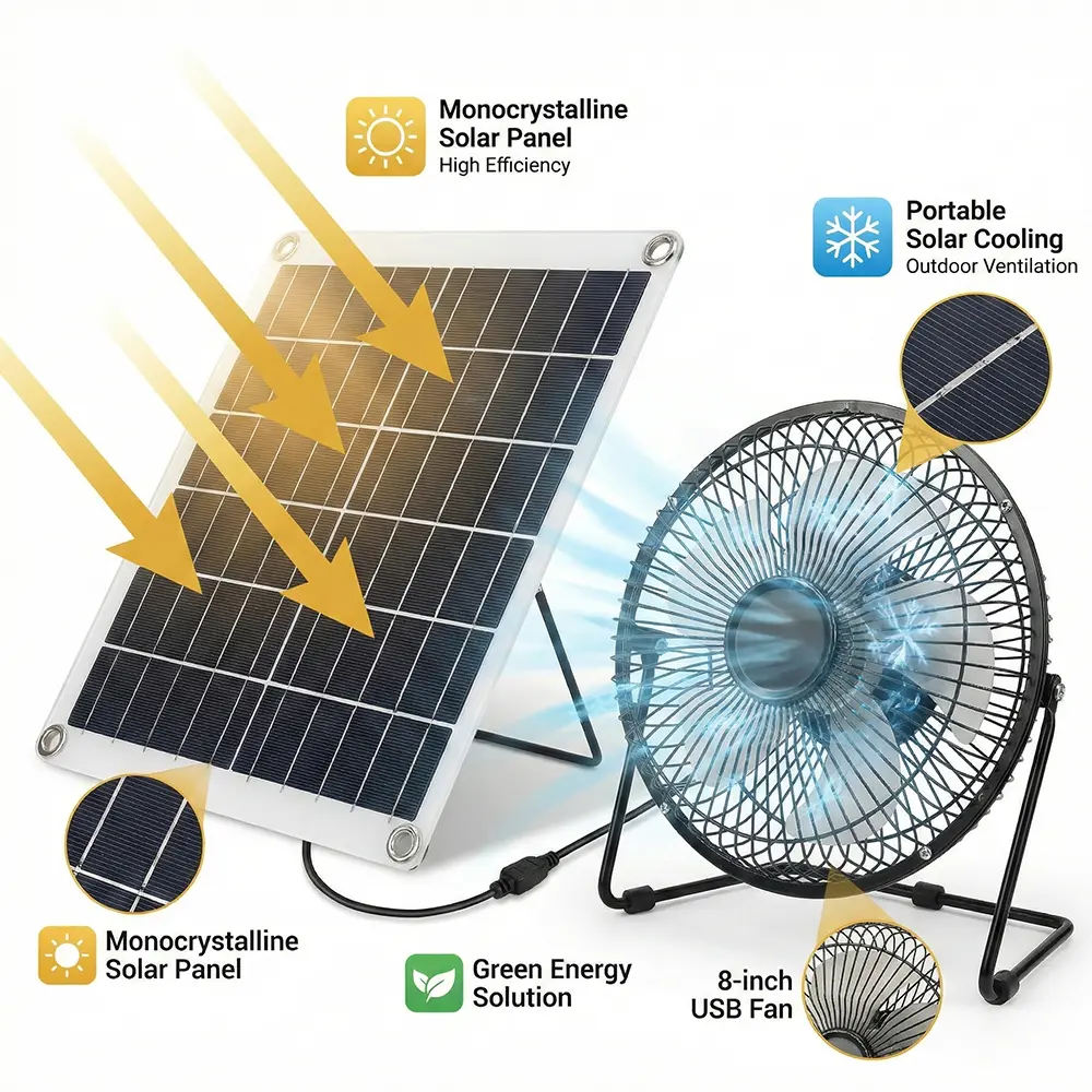 Solar Powered Fan, 8 Inch Install-Free, with 15W IP65 Portable Solar Panel, Cloudy Days Working Solar Fan for Air Circulation and Cooling in Greenhouse, Chicken Coop