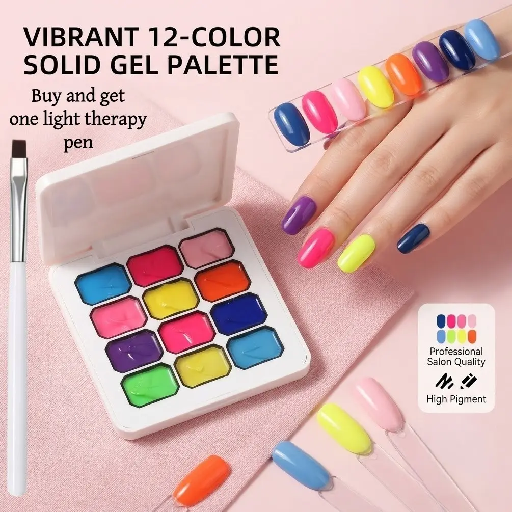 12 Color Solid Gel Nail Polish Set, Manicure Art Kit with Brush, Vibrant Solid Colors, Perfect for Creative Nail Designs