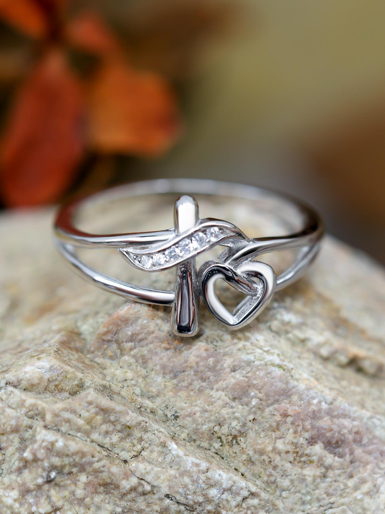 S925 Sterling Silver Hollow Out Cross & Heart Design Ring for Women, Heart Shaped Ring, Fashion Rings, Fashion Jewelry for Party, Daily Decor, Trendy All-match & Exquisite Jewelry for Birthday Gift, with Box