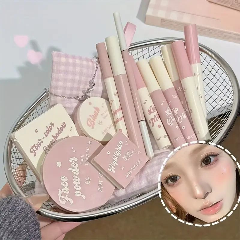 14pcs Pink Makeup Set - Includes 4 Lip Glazes, 1 Lip Milk, 1 Lip Oil, 1 Eyeshadow Palette, 1 Highlighter, 1 Blush, 1 Powder Compact, 1 Necklace, 1 Eyeliner, 1 Eyebrow Pencil, 1 Mascara - Perfect for Christmas Gifts, Birthday Gifts, Valentine's Day