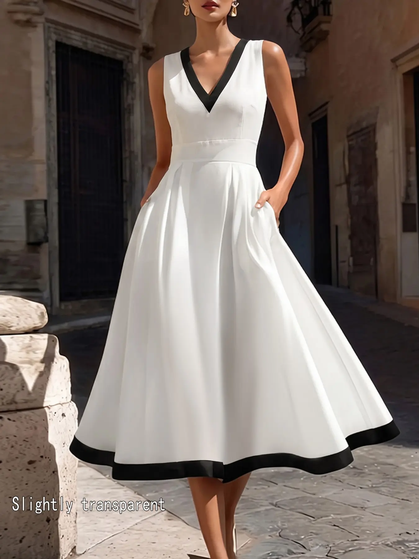Women's Casual Dress, V Neck Sleeveless, Colorblock Contrast Binding, Loose-Fitting A-Line, Semi-Transparent Fabric, Daily Wear