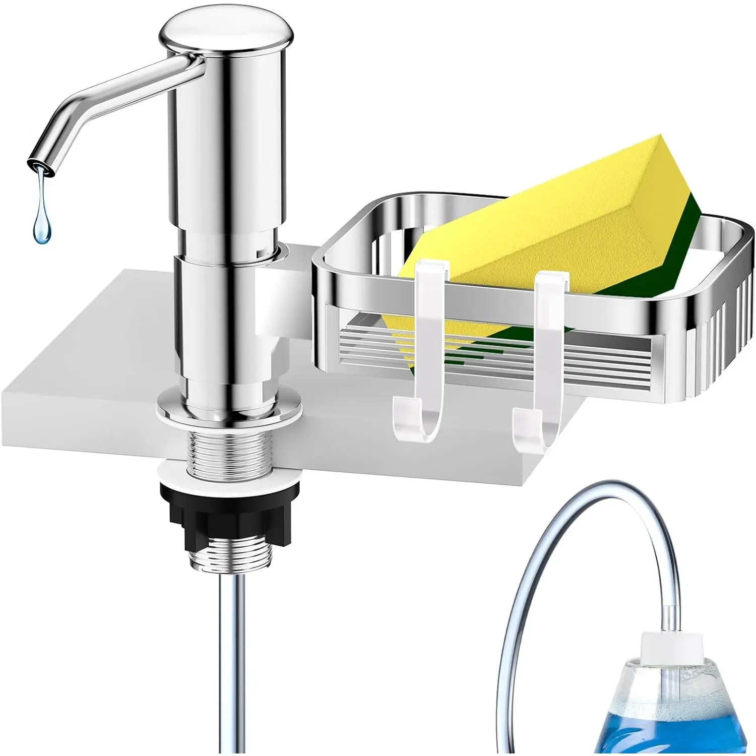 Soap Dispenser for Kitchen Sink,  Under Counter Sink Soap Dispenser Pump with 39" Extension Tube Kit,  in ABS Kitchen Dish Soap Dispensers with Sponge Holder, No  Refills, Chrome