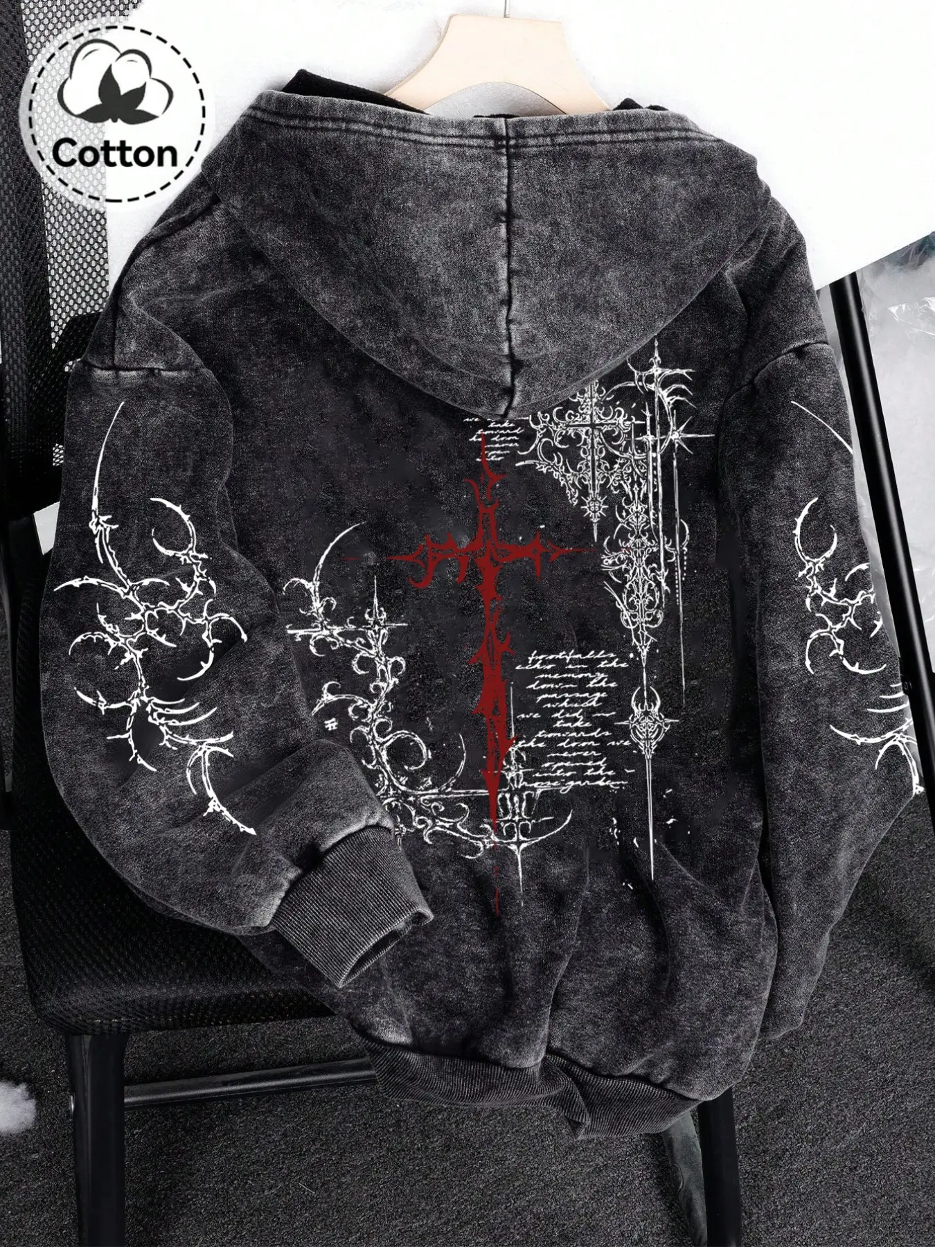 Men's Zip-Up Hoodie with Thorn Cross Graphic Print, Loose-Fitting Cotton Hooded Sweatshirt, Casual Outfit for Spring & Fall Daily Wear