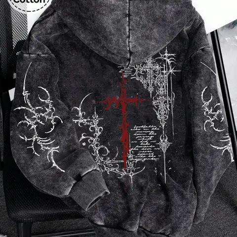 Men's Zip-Up Long Sleeve Oversize Hoodie with Graphic Thorn Cross Print, Casual Cotton Spring & Fall Cardigan for Daily Wear, Loose-Fitting Hooded Sweatshirt, Zipper Closure Hooded