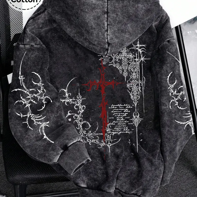 Men's Zip-Up Long Sleeve Oversize Hoodie with Graphic Thorn Cross Print, Casual Cotton Spring & Fall Cardigan for Daily Wear, Loose-Fitting Hooded Sweatshirt, Zipper Closure Hooded