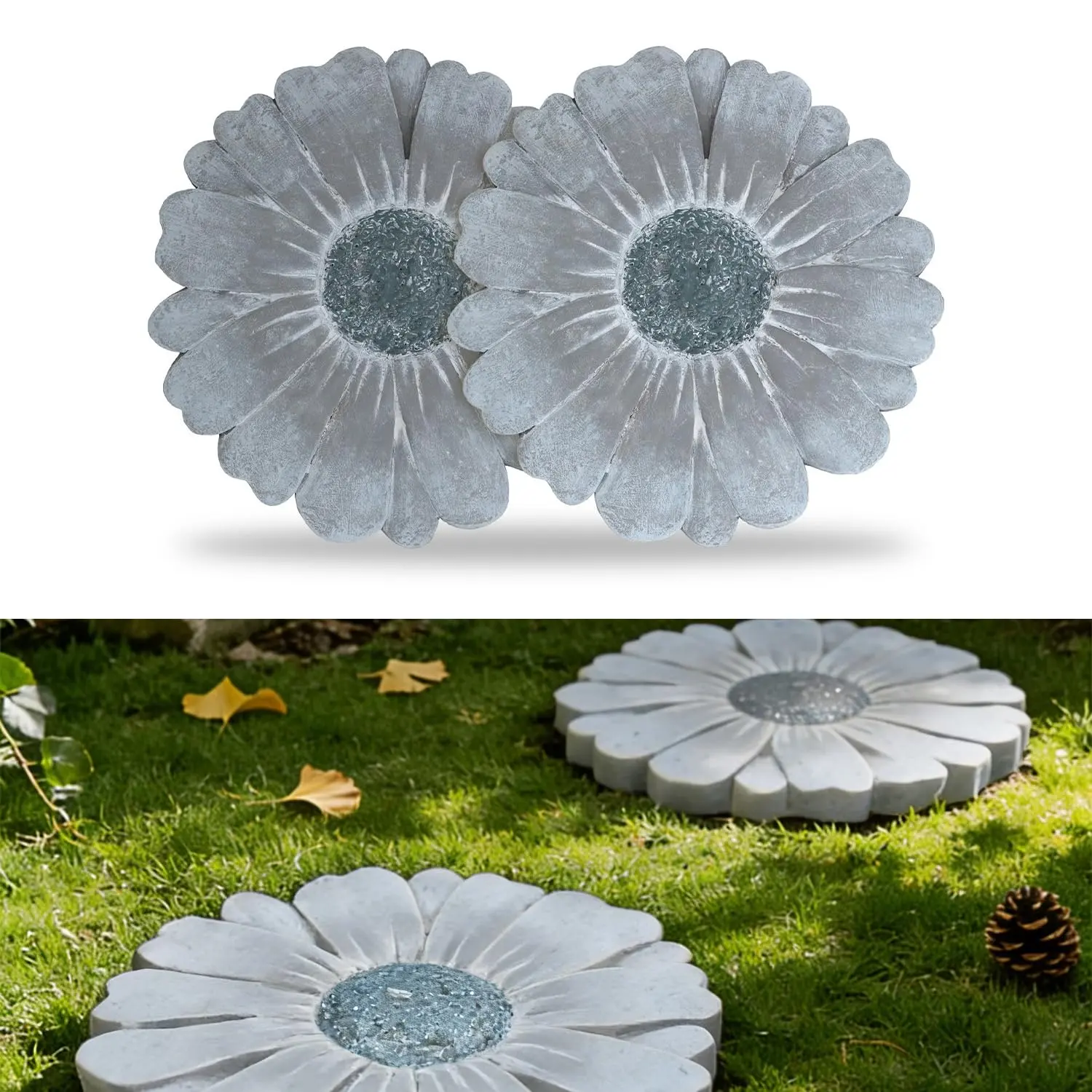 2 Pack Daisy Cement Stepping Stones 10 Inch, Heavy Duty Garden Pathway Stones, Non Slip Outdoor Walkway Decor for Yard Patio Lawn, Weather Resistant Cement Stepping Stones (Gray)