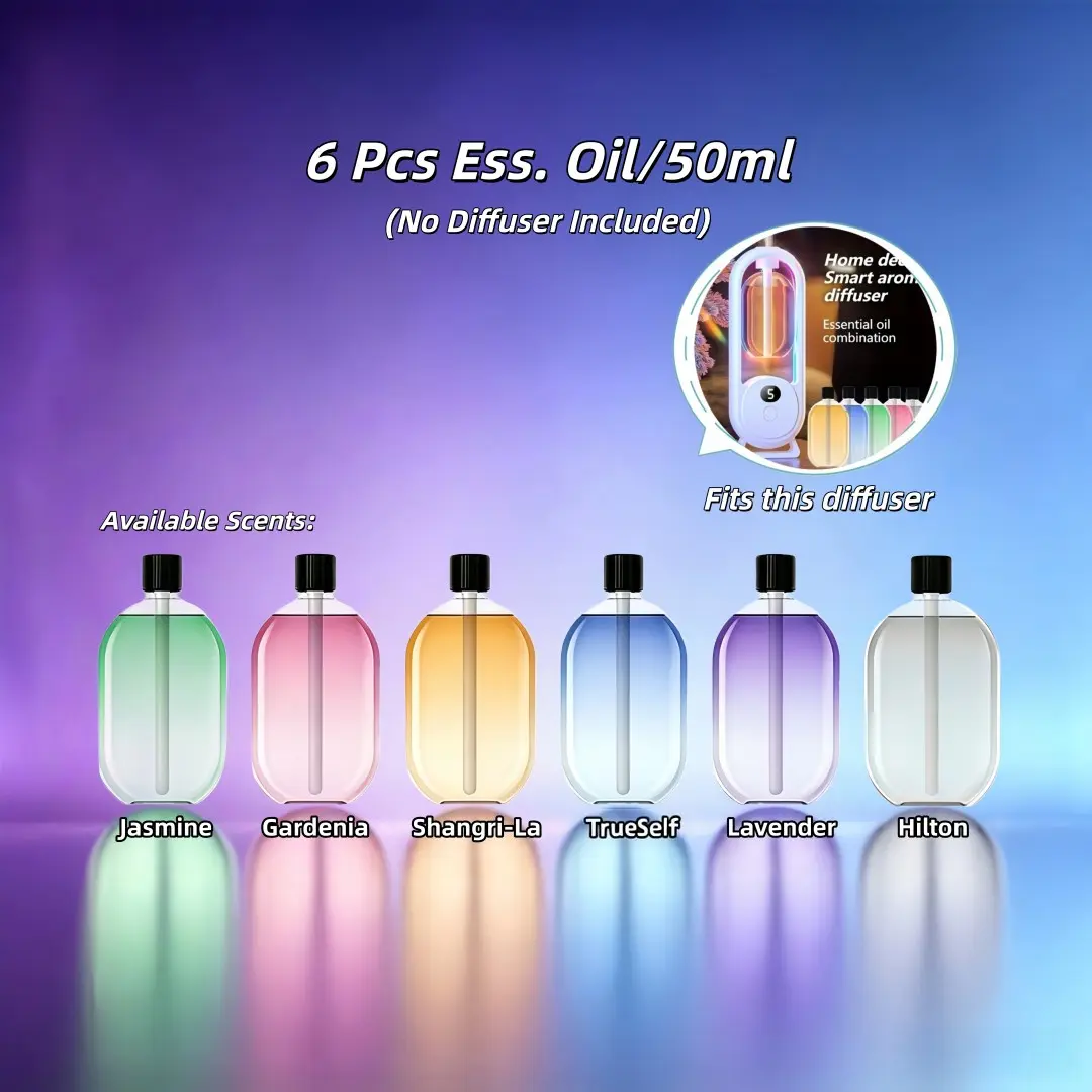 6 Bottles 50ML Fragrance Essential Oil Refill Liquid, Diffuser Oil Refills, Scent Diffuser Oils, Compatible with the Aroma Diffuser in the Main Image,Jasmine, Gardenia, Shangri-La, Lavender, Hilton, Onlytrueself Scents Available
