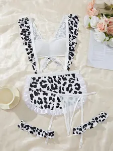 Women's Leopard Print Sexy Lingerie Set, Sexy Comfy Mesh Bra & Ruffle Trim Mesh Skirt & Thong & Hair Hoop & Wristbands Set, Women's Lingerie & Underwear for All Seasons  altgirl sexy clean girl style