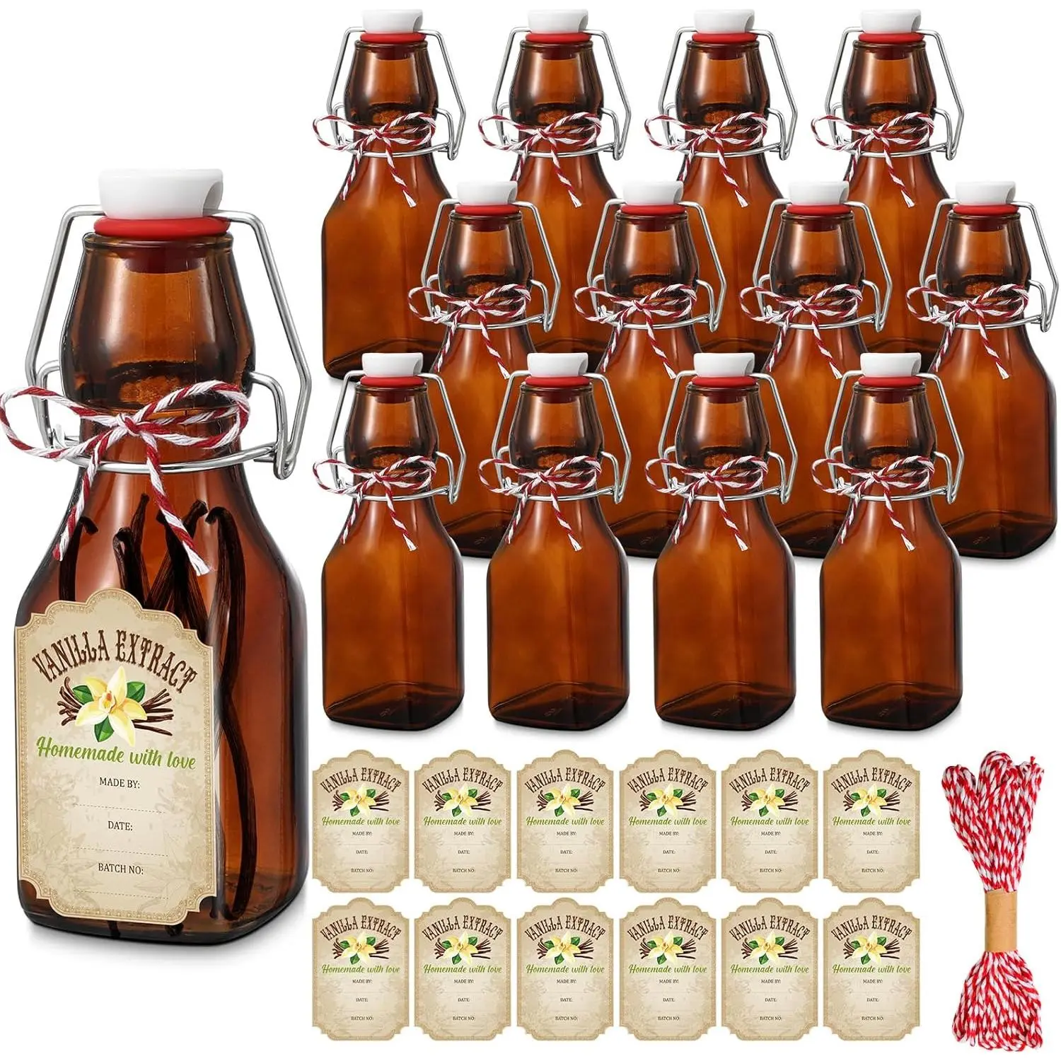 12 Pcs 4 oz Amber Swing Top brown Square Glass Bottles for Vanilla Extract with Caps and Cotton Twines Label Flip Top Glass Bottle for Home Vanilla Brew Oil Beer Tea Supply