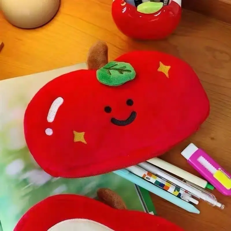 Double-sided apple plush pencil case, large-capacity student embroidery pencil bag, a good apple storage bag, a cute stationery bag