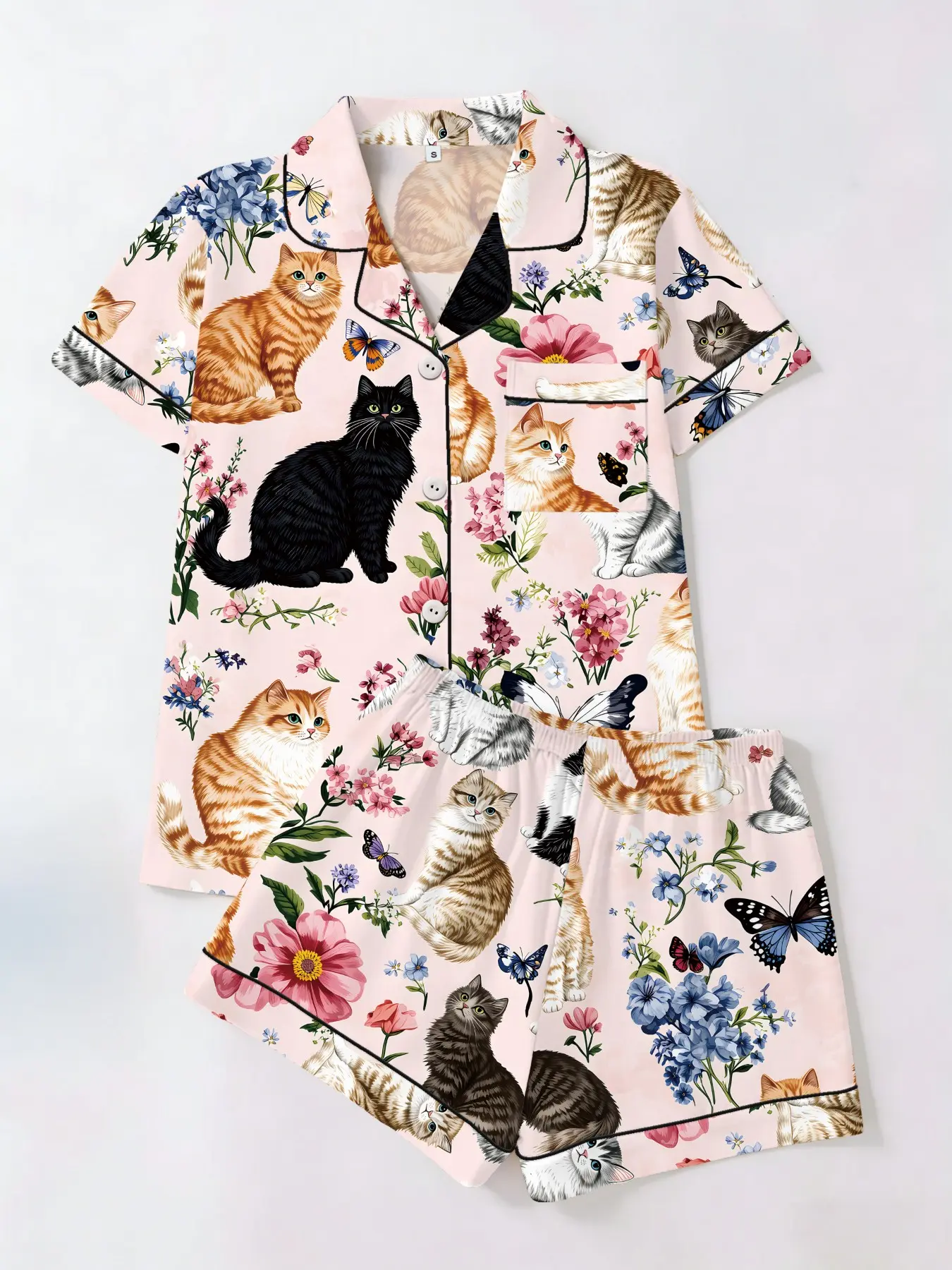 Cute Cat Garden Floral Print Short Sleeve Shorts Pajama Set, Fitted Casual Aesthetic Homeewear for Women, Loungewear, All Seasons Wear, Two-Piece Sleepwear