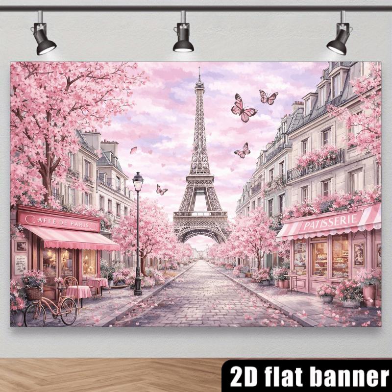 French Paris Cherry Blossom Backdrop Suitable for Wedding Decorations, Photo Studio Background with Eiffel Tower, Fountain & Pink Blossoms - Wrinkle-Resistant Spring Theme for Parties, Birthdays, Home Decor - No