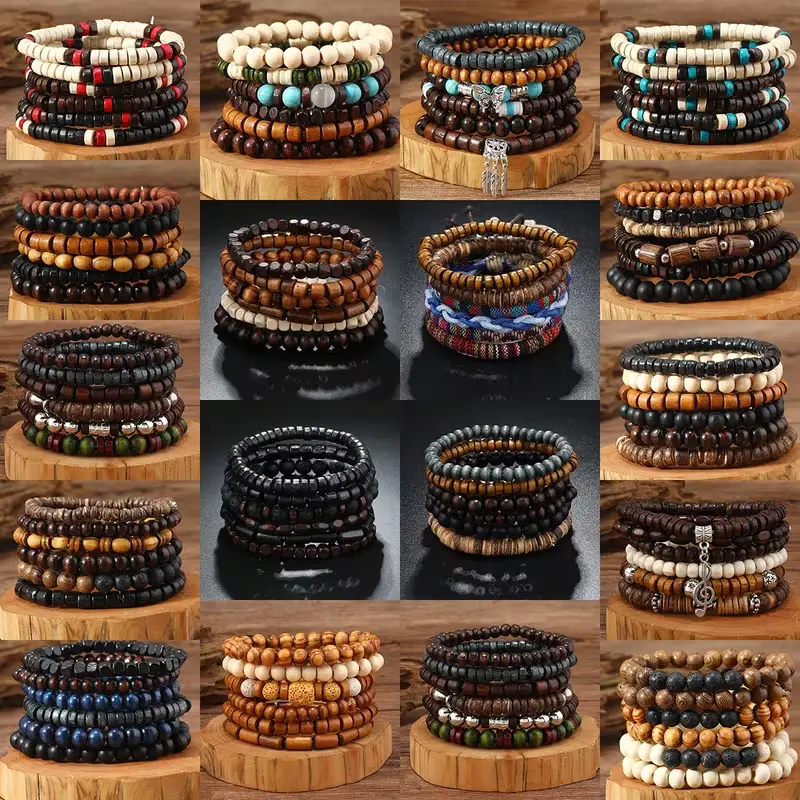 40Pcs Boho Vintage Multilayered Wooden Beaded Charm Bracelet Set - Stacked Design Bracelets, Layered Stack Bangles, Unisex Retro Jewelry, Earthy/Multicolor Beads, All-Season Daily Wear, Gifts for Female Adults, Matching Sets