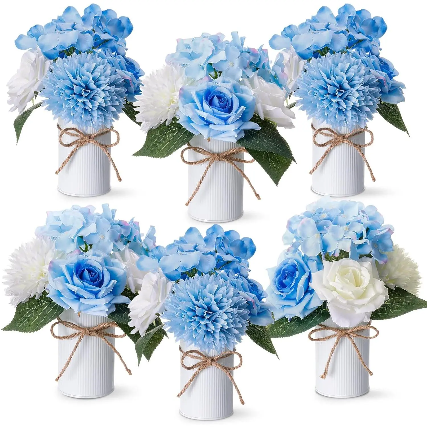 Zeyune 6-Set Artificial Spring Table Centerpieces, Fake Lake Blue Flower Bouquets with Galvanized Small Vases, Rustic Look Decoration for Wedding Home Decor, Ideal Gift, Floral, Farmhouse