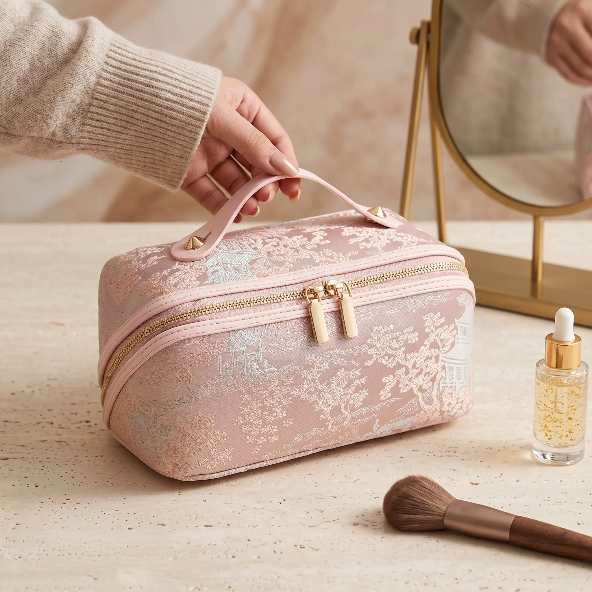 Elegant Vintage Embroidered Zipper Makeup Bag, Large Capacity Smooth PU Travel Cosmetic Organizer with Handle, Foldable Retro Toiletry Pouch with Bow Accent, Room Accessories