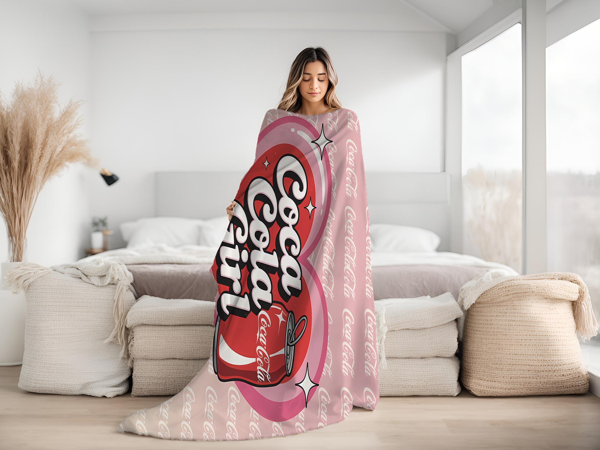 Coca-Cola Girl Heart Pink Cute Velvet Blanket, Coca-Cola can Beautiful Print Blanket Soft Office Bedding Blanket PlushThin Quilt Holiday Gift,Gifts suitable for girls