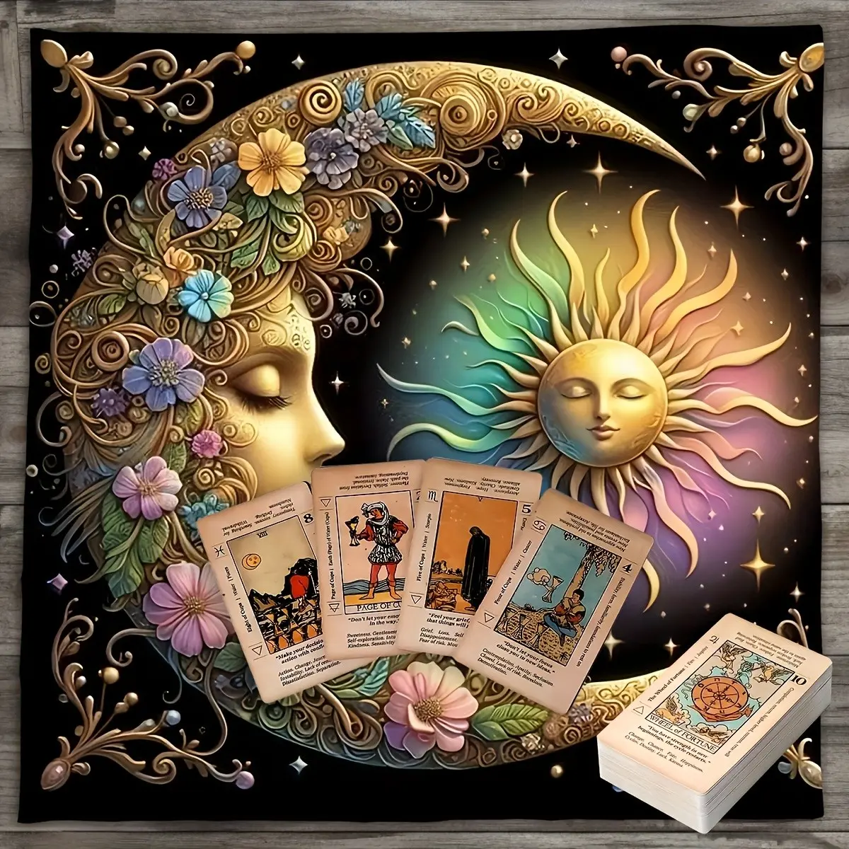 1PC Elegant Sun and Moon Tarot Cloth, Floral Crescent Moon Altar Cloth, Witchy Divination Tablecloth, Wicca Spiritual Tarot Reading Mat, Tarot Card Decor Gift