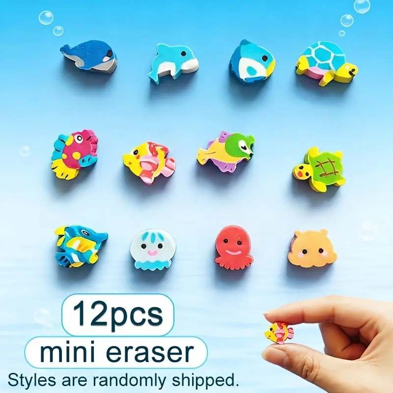 12pcs mini marine animal shaped eraser, mini tropical fish shaped eraser, very small eraser, imitation octopus eraser, turtle eraser, imitation whale eraser, eraser and correction supplies random styles