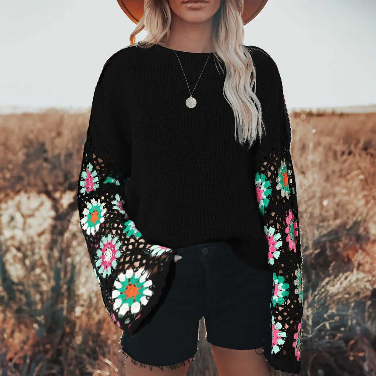 Women's Black Sweater with Floral Crochet Bell Sleeves, Comfy Loose Fit Ribbed Knit Pullover and Boat Neck Style, Trend, Long Sleeve, Knitwear, Casual, Tops