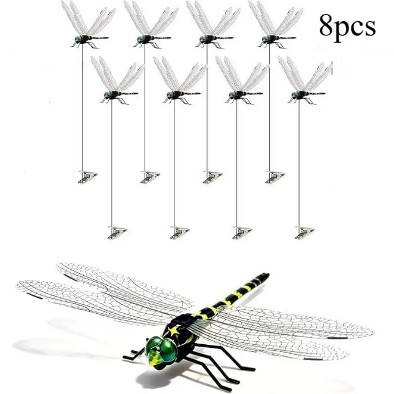 8 Pack 3D Dragonfly Clips, Fake Dragonflies with Stakes, Realistic Plastic Dragonfly Garden Decorations, Fly Deterrent Clips for Hats, Pets, Horses, Deer, Yard, Patio, Indoor & Outdoor Decor
