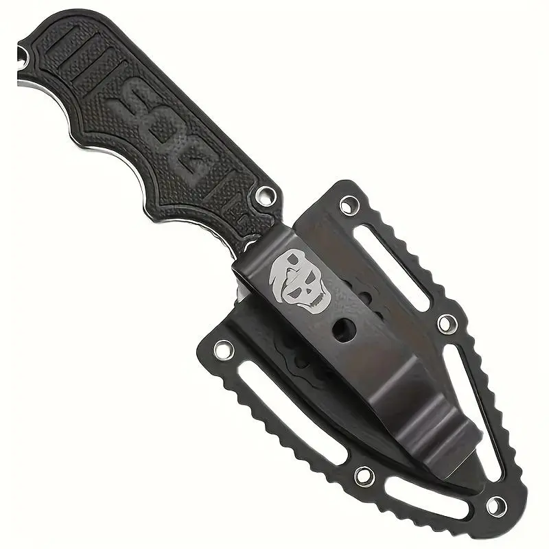 1pc Outdoor Tactical Fixed Blade Knife - 5Cr13 Steel, Scalloped Edge, FRN Handle, Protective Fiber Sheath, 360-Degree Rotating Stainless Steel Belt Clip - Hiking Gear, Belt-Mounted Emergency Rescue Tool for Camping, Rotating Clip