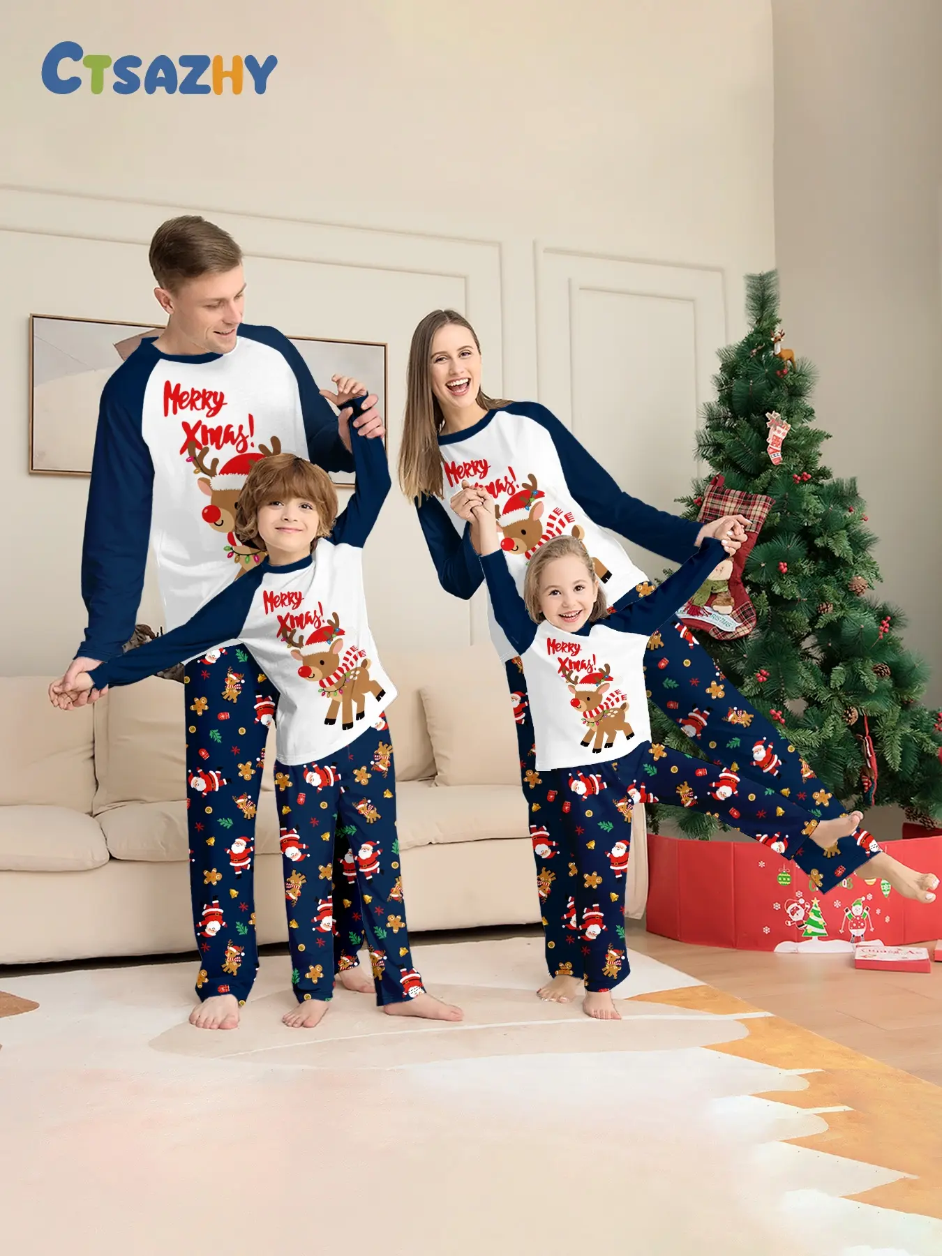 Nosed Rudolph Christmas Pajama Set, Family Matching Long Sleeve Full Print Pants, Holiday Party Home Wear