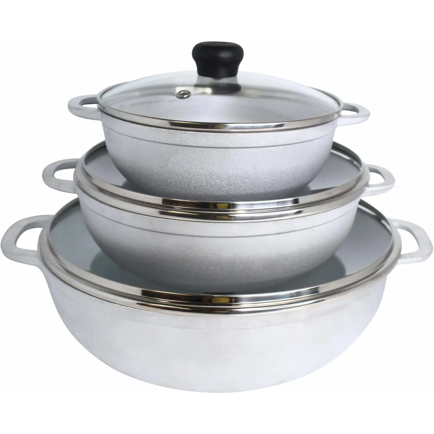 Caldero Stock Pot with Glass Lid 3pc Set, 1.5/2.5/5.2qt, Cast Aluminum, Perfect for Serving Medium & Small Groups, Riveted Handles, Made in Colombia, Silver.