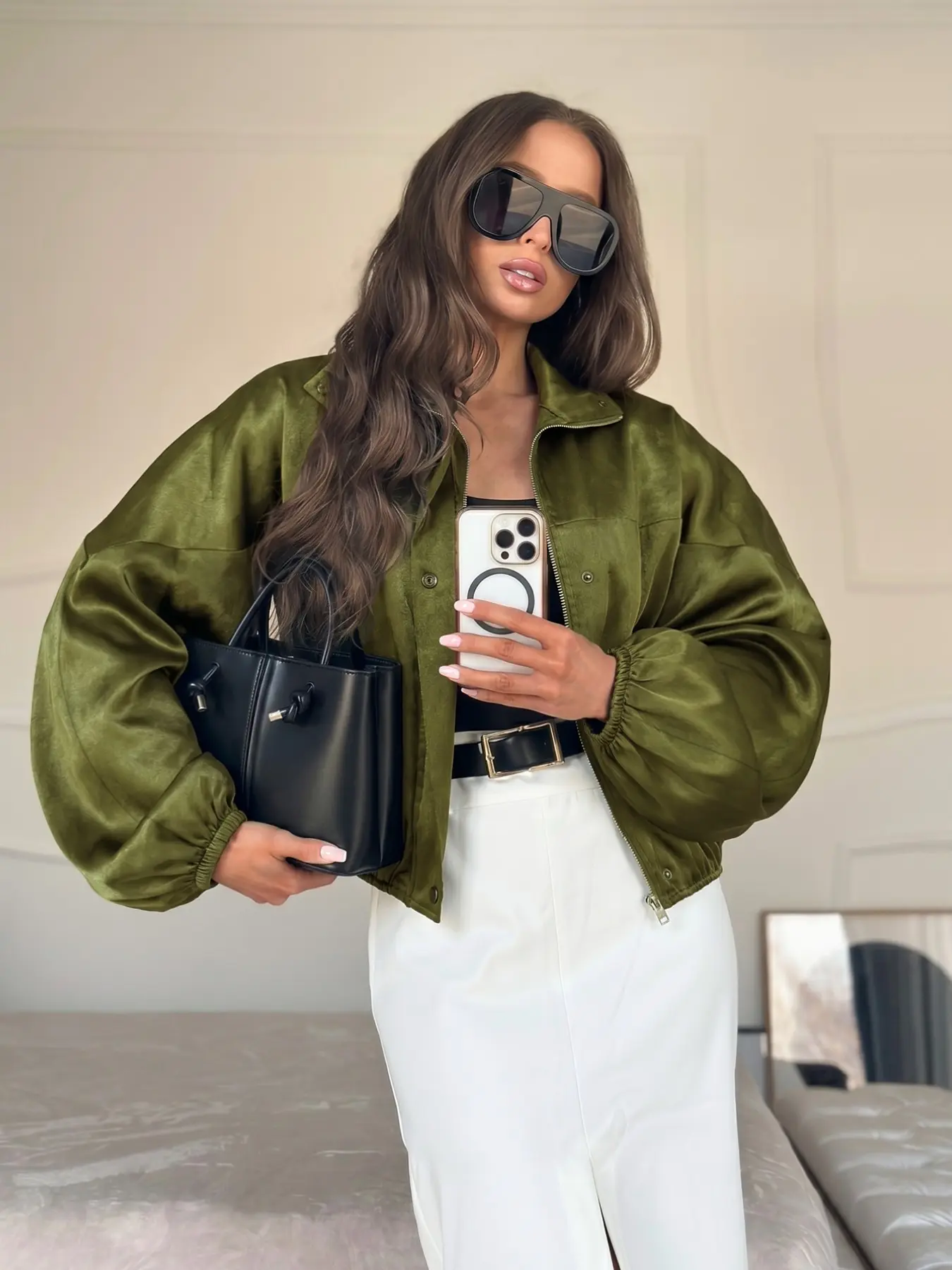 Olive Glossy Satin Short Pilot Jacket, Stand Collar Front Button Balloon Sleeve Elegant Coat, Women's Fashion Outerwear