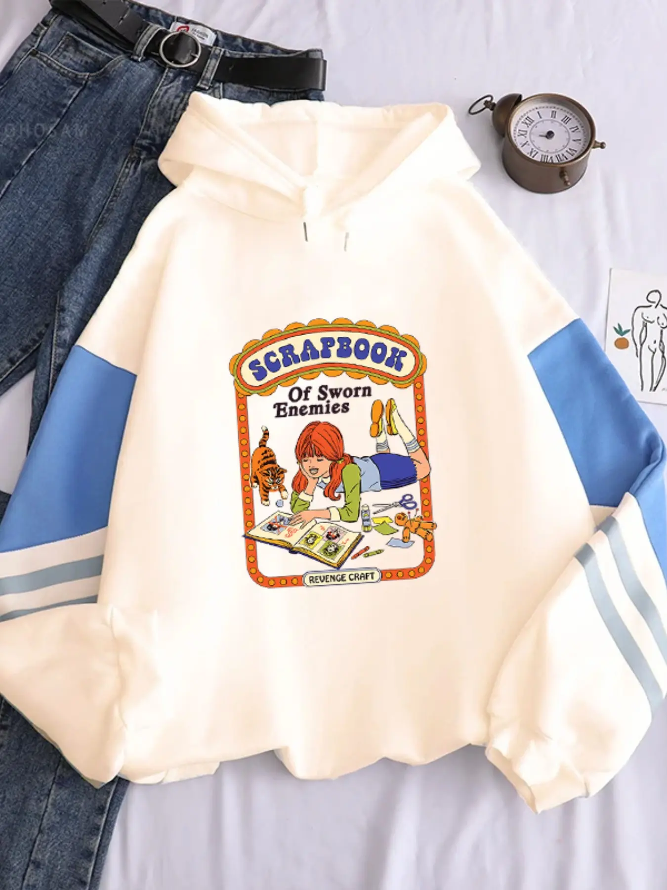 Scrapbook of Sworn Enemies Tiger Book 70s Kitsch Retro Illustration American Indie Aesthetic Casual Fashion Patchwork Reflective Long Sleeve Hoodie