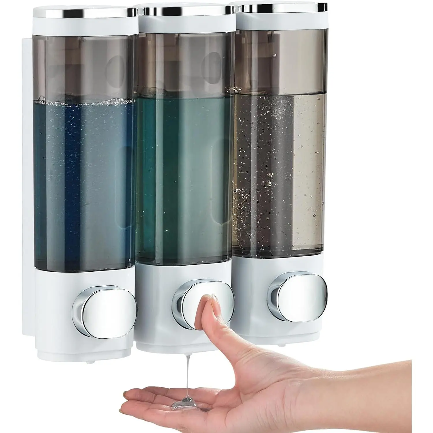 No-Drill Wall-Mounted 3-Chamber Plastic Shower Soap Dispenser, 300ML White Functional Unit for Daily Shower Use with Body Wash, Shampoo, Conditioner Capacity