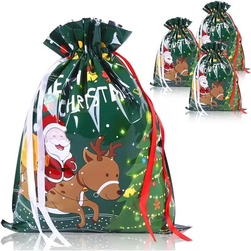 4 Pcs Jumbo Green Christmas Drawstring Gift Bags - 39x20 Inch Large Santa Present Sacks for Giant Holiday Gift Wrapping