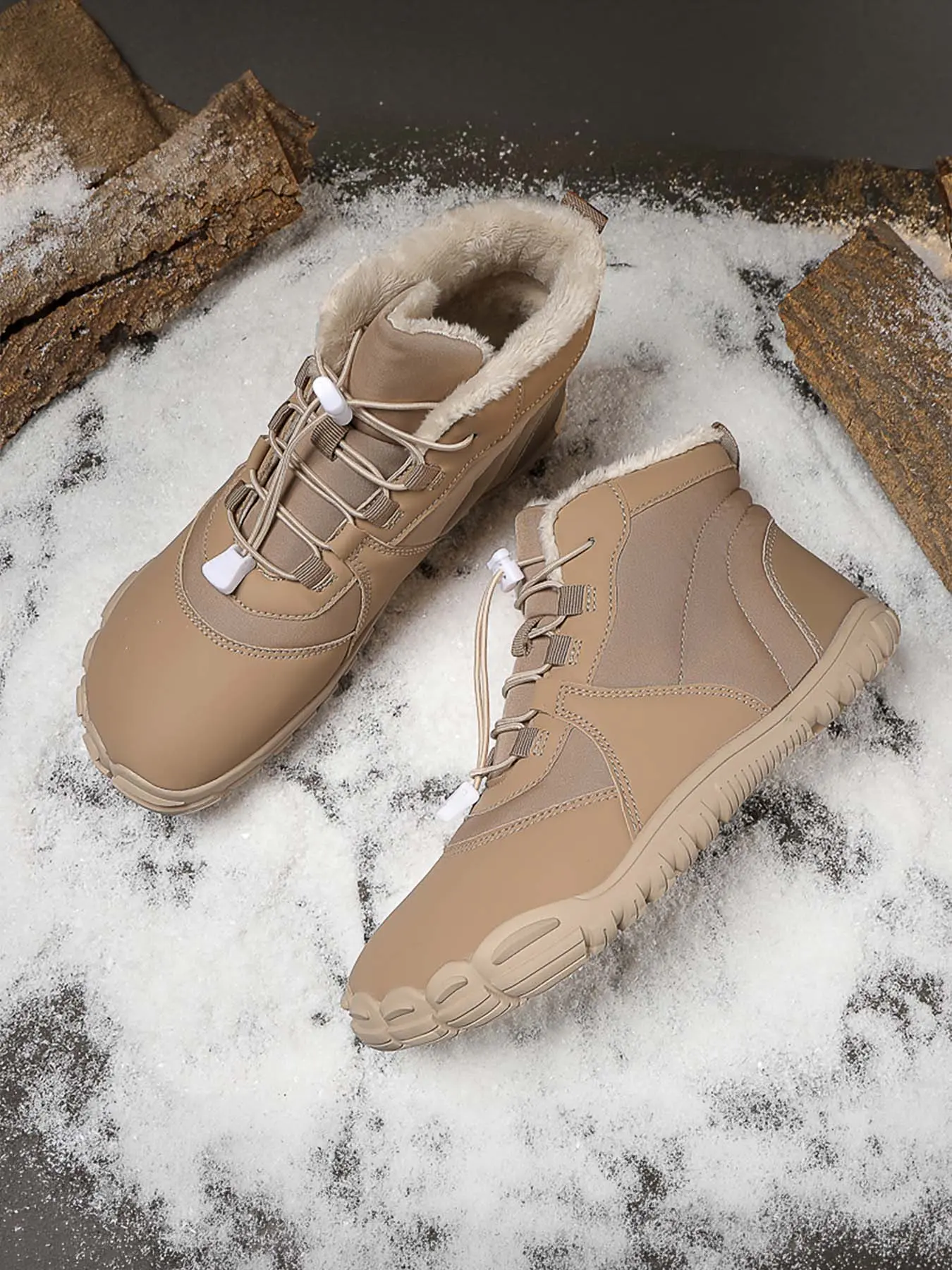 Men’s Fleece Lined Warm Barefoot Snow Boots, Wide Toe Box Zero Drop Quick Slip-On Lock Drawstring, Water Resistant Non-Slip Winter Ankle Boots for Commute & Trail Hiking