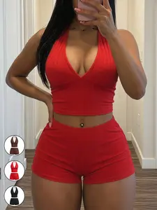 2pcs/Set Women's Casual Slim Fit Stretch V-Neck Tank Top and Mini Shorts Set, Summer Knitted Two Pieces Set，Club Night Party Loungewear Outfit,Sporty Basic Set，Vacation Outfits，Comfortable and Stylish for Daily Wear, Perfect for Summer