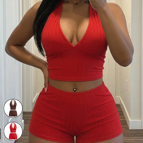 2pcs/Set Women's Casual Slim Fit Stretch V-Neck Tank Top and Mini Shorts Set, Summer Knitted Two Pieces Set, Summer Matching Set, Club Night Party Loungewear Outfit, Vacation Outfits, Perfect for Summer