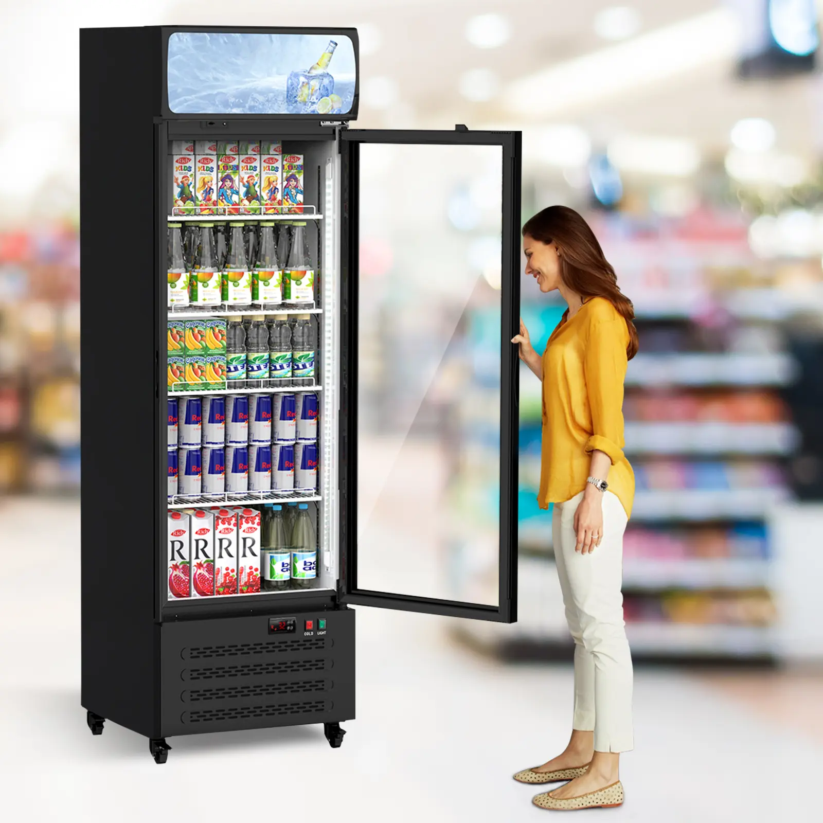 11.9 Cu.ft Commercial Beverage Refrigerator with Glass Door, Drink Refrigerator with Soft LED Light,Beverage Fridge with Adjustable Shelves, Single Glass Door Display Drink Fridge for Beer, Soda, Juice, for Restaurant, Bar, Retail, Office ﻿