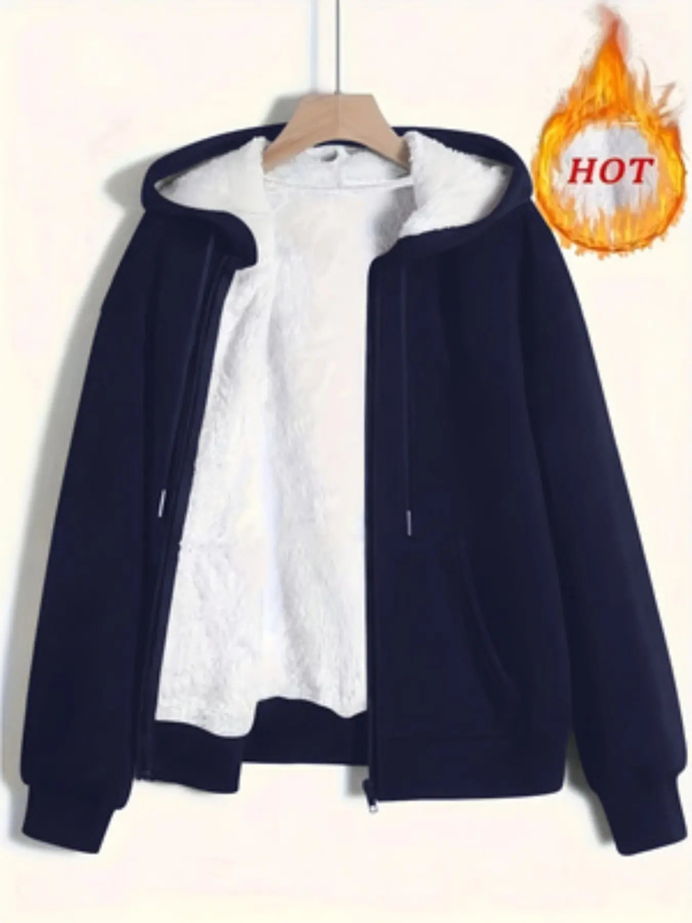 Women's Oversized Fit Casual Plain Jacket, Fall Winter Fleece Coat with Hat Cord, Long Sleeve Zipper Medium Stretch Outerwear