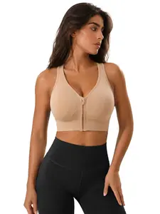 Women's Front Zip Sport Bra, Updated Design, Back X-Shape Wide Straps, Wireless Elastic Comfort, Detachable Pads, All Season Wear