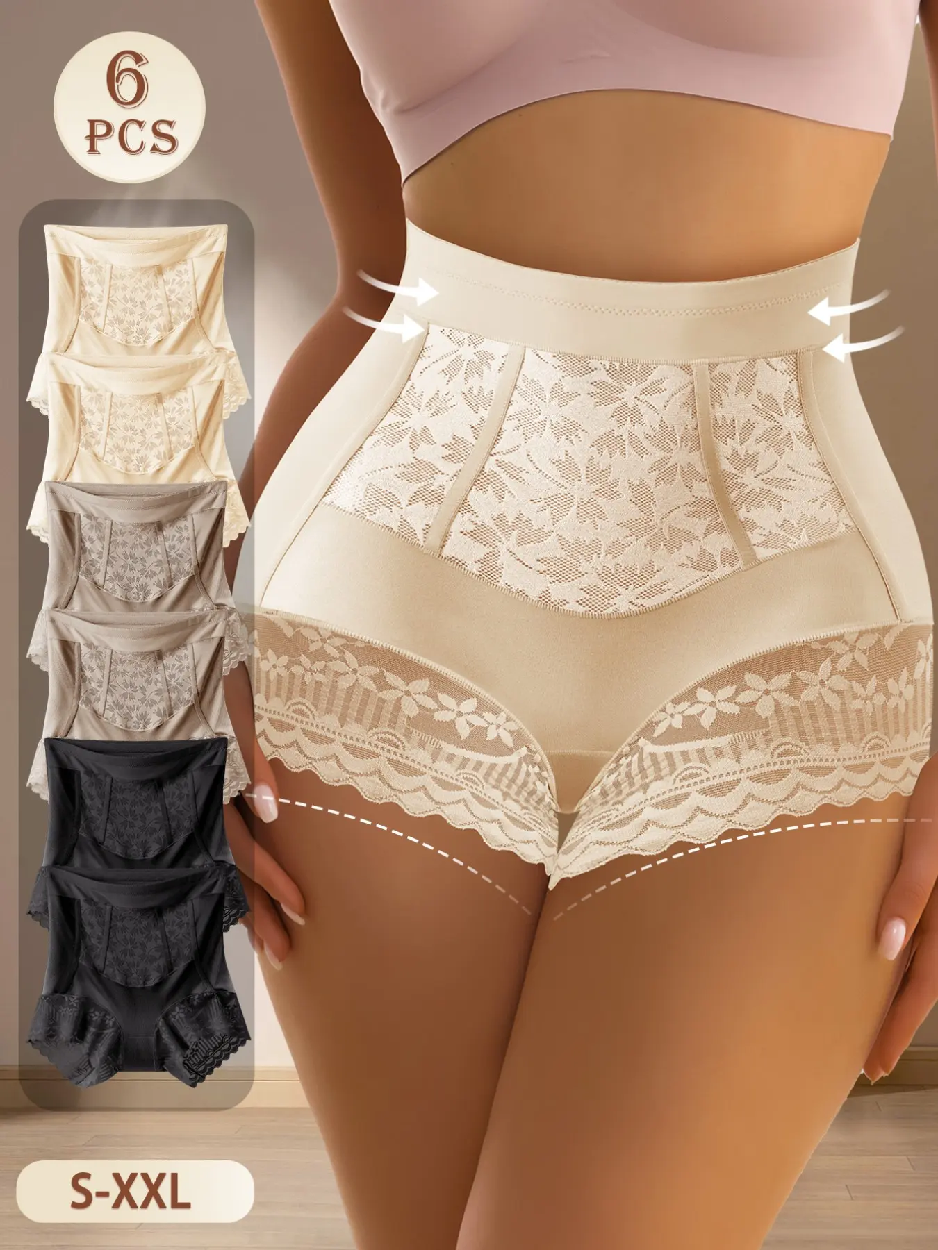 Quasti 6pcs Women's High-Waisted Waist Trainer Leg Pants, Breathable Comfort, Tummy Control, Plain Style, All Seasons