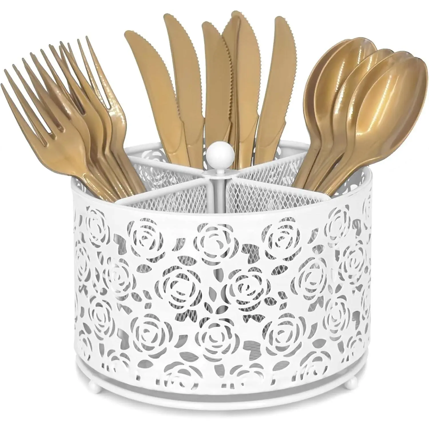 360° Rotating Metal Silverware Caddy - 4 Compartment Utensil Cutlery Holder Fork Spoon Napkin Organizer Flatware Storage Basket Party Countertop Buffet Picnic Camping Outdoor (White)