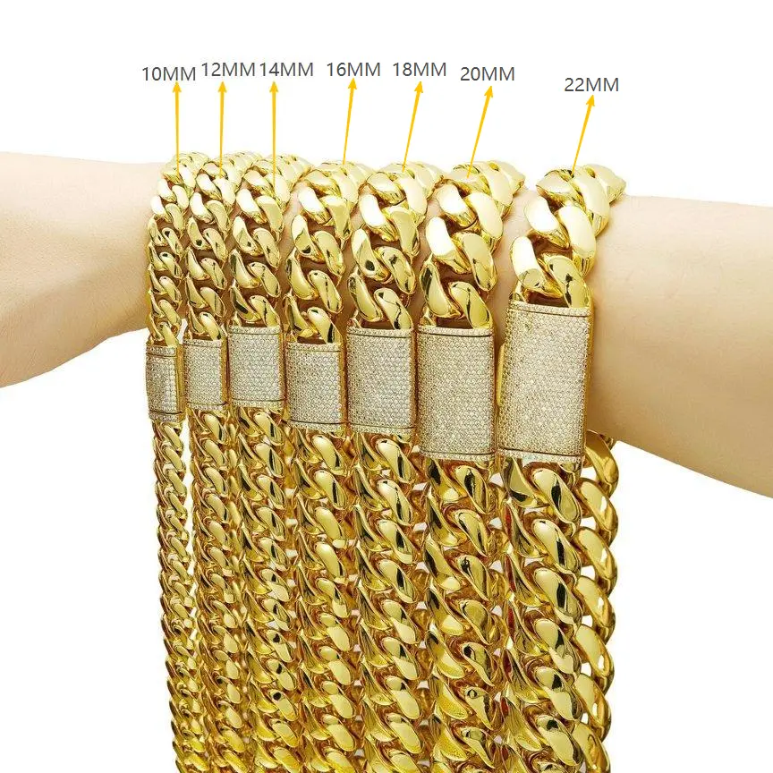 Men’s high-quality gold-plated stainless steel in K color; thickened Cuban chain and bracelet with a flip clasp featuring cubic zirconia inlay. Necklace width available from 10 mm to 20 mm, length from 7.5 inches to 30 inches, selectable.