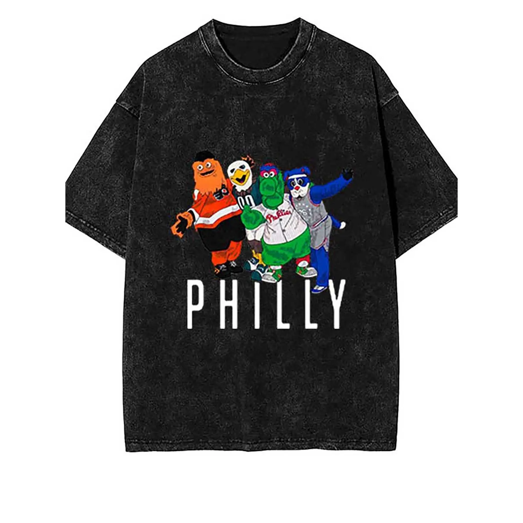 Vintage Washable Men Short Sleeve Tee, Philly Four Sports Team Mascots Graphic Casual Crew Neck Streetwear Tops